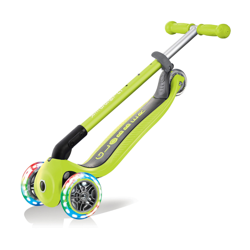 Globber Primo Foldable Scooter with Light and Anodized Tbar - Lime Green/Khaki Green