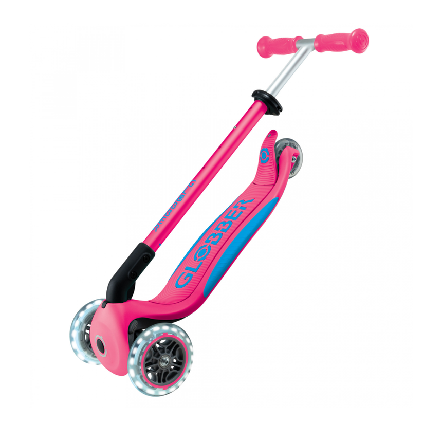 Globber Primo FOLD PLUS LIGHTS Scooter - Fuchsia Pink / Sky Blue