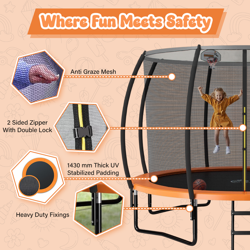 ALL 4 KIDS 12 FT Jump Zone Spring Trampoline with Basketball Board