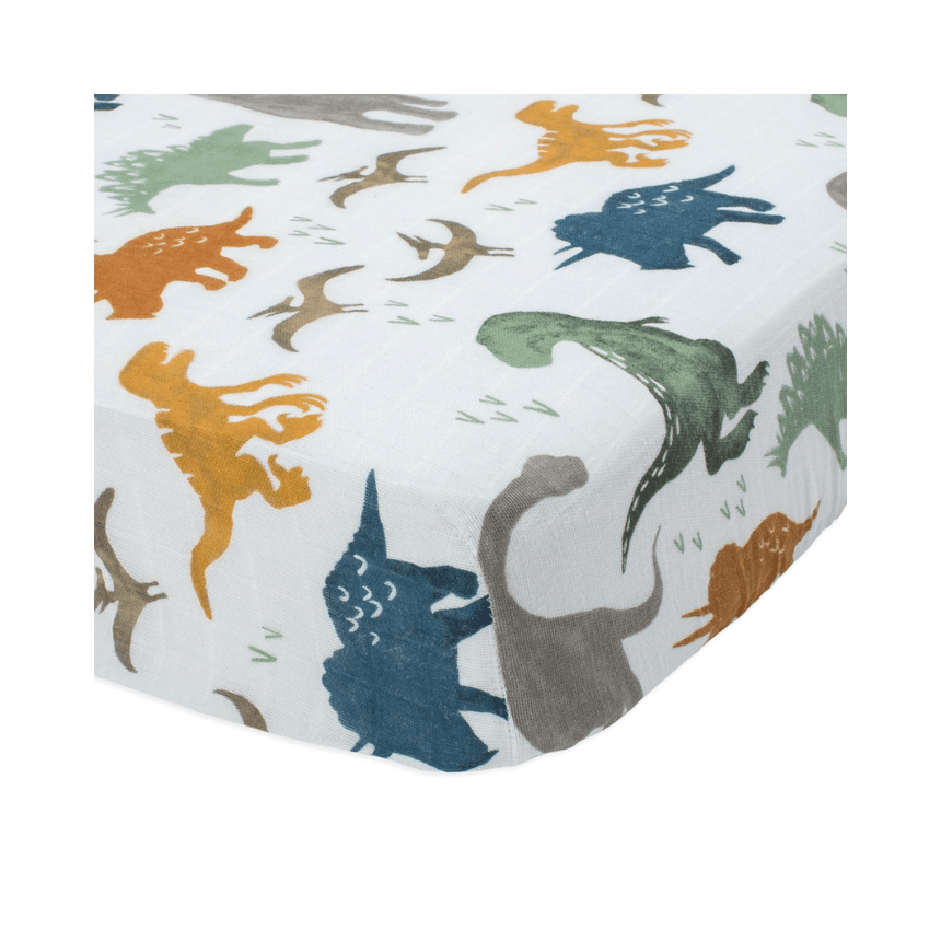 Little Unicorn Muslin Fitted Cot Sheet - Animals - Dino Friends