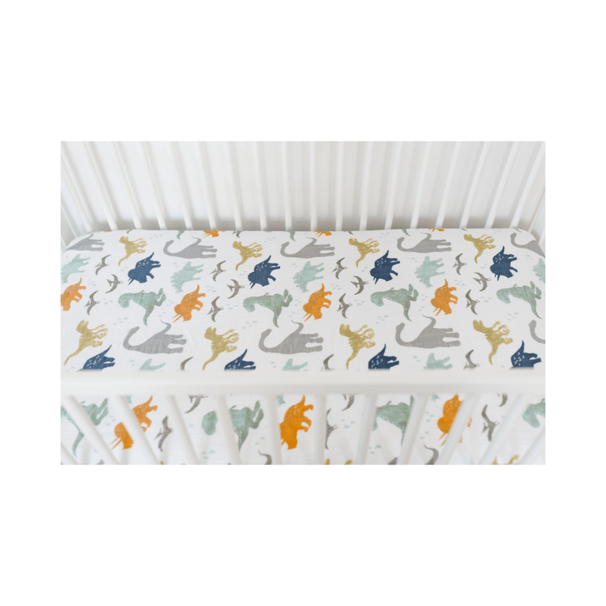 Little Unicorn Muslin Fitted Cot Sheet - Animals - Dino Friends