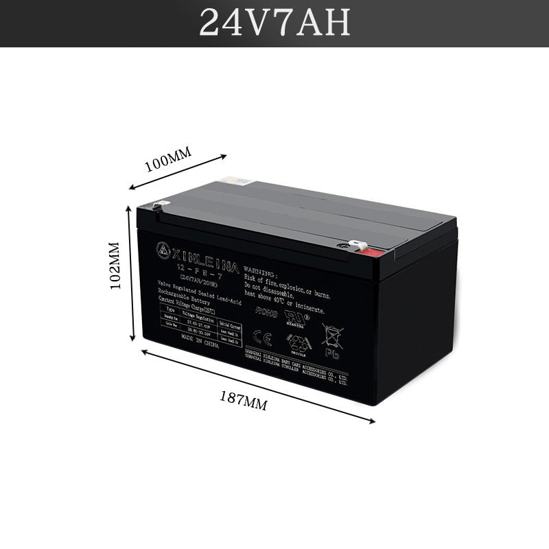 24V 7Ah ride-on car battery showing F2 spade terminals