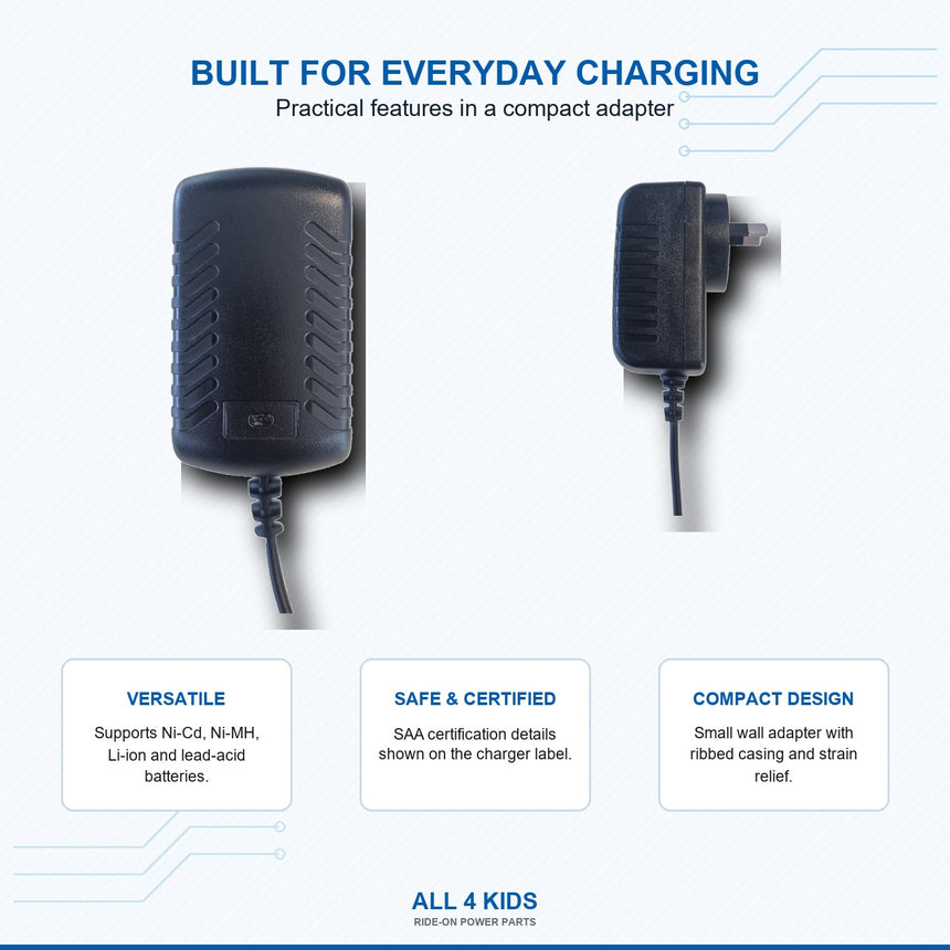 24V ride-on car charger features including LED charge indicator
