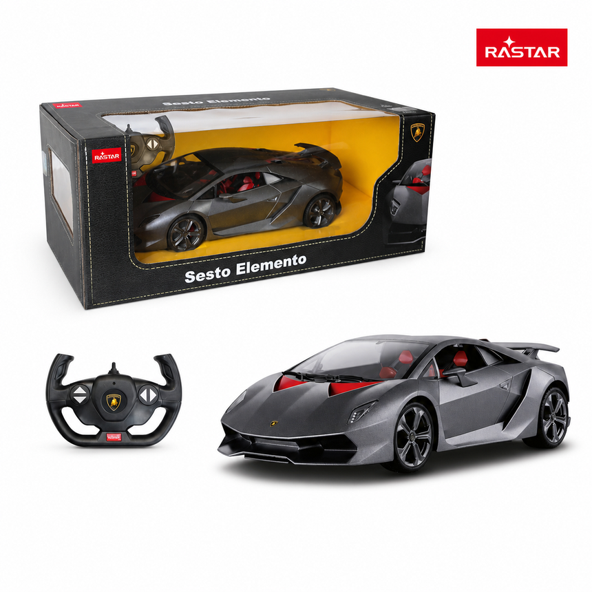 Rastar 1:14 Lamborghini Sesto Elemento RC car in matte grey shown with its retail packaging box and Lamborghini-branded steering-wheel remote controller, presented as a complete set on a white background.
