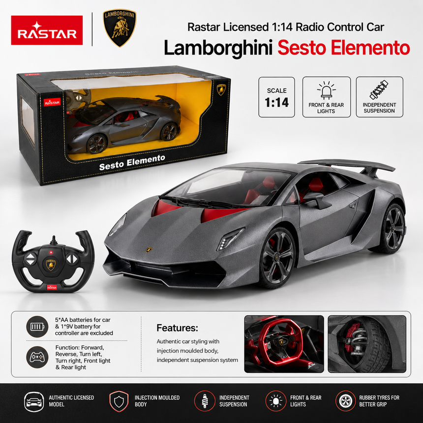 Product infographic for the Rastar Licensed 1:14 Lamborghini Sesto Elemento RC car showing the retail box, the matte grey car, and the remote controller, with feature icons for 1:14 scale, front and rear LED lights, and independent suspension, plus battery requirements (5 AA for car, 1 9V for controller).