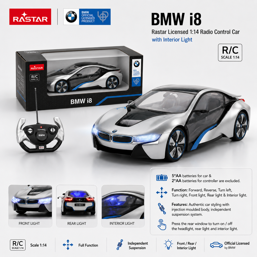 Product infographic for the Rastar 1:14 BMW i8 RC car with Interior Light, showing the retail box, the silver and black car with LED headlights and tail lights illuminated, the BMW-branded controller, and feature callouts for front light, rear light, and interior light, plus specifications for full-function control and independent suspension at 1:14 scale.