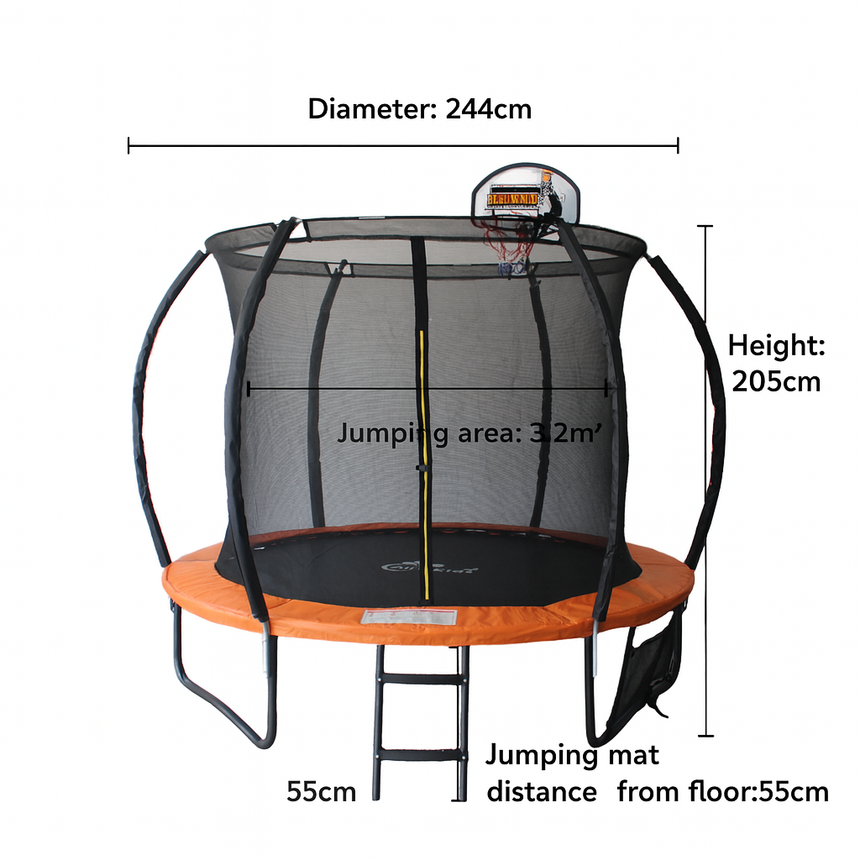 ALL 4 KIDS 8 FT Jump Zone Spring Trampoline with Basketball Board