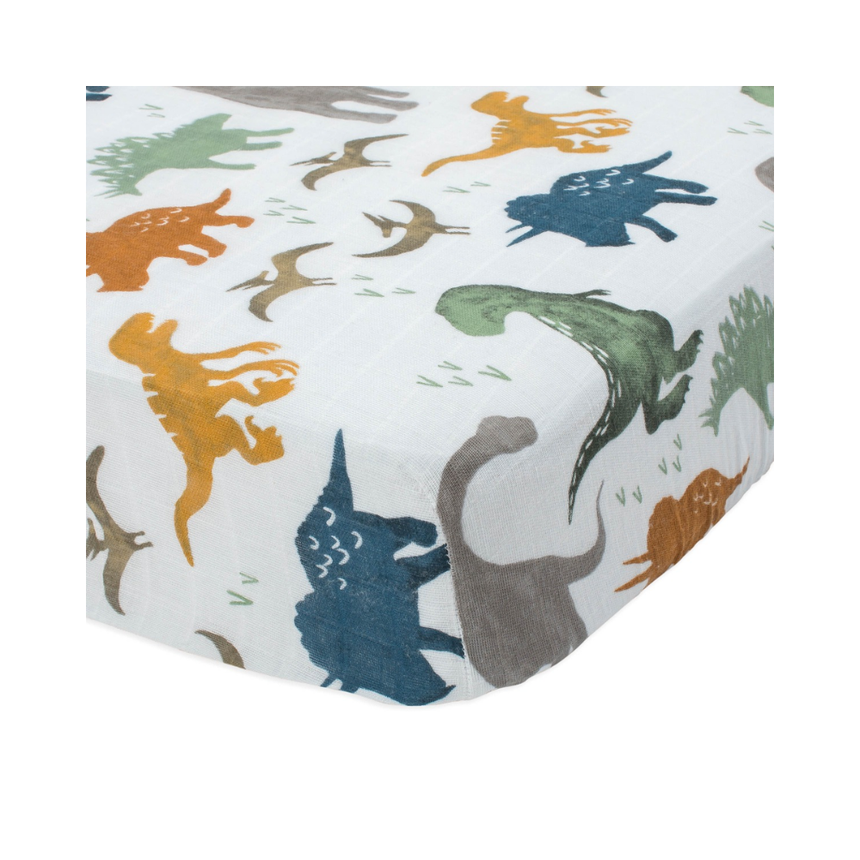Little Unicorn Muslin Fitted Cot Sheet - Animals - Dino Friends