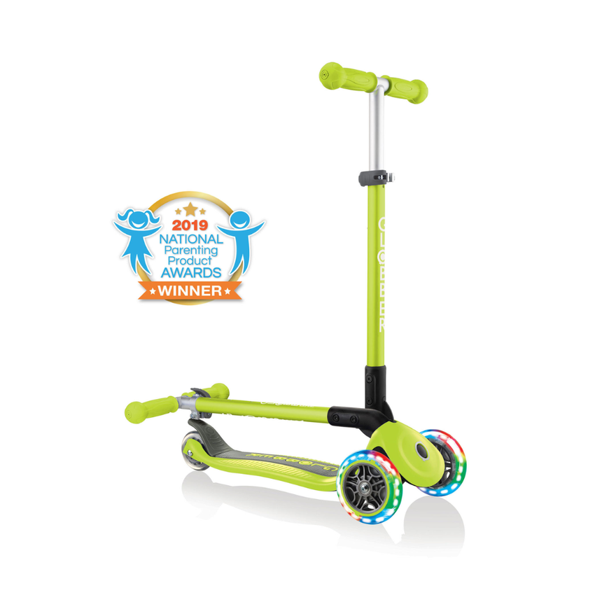 Globber Primo Foldable Scooter with Light and Anodized Tbar - Lime Green/Khaki Green