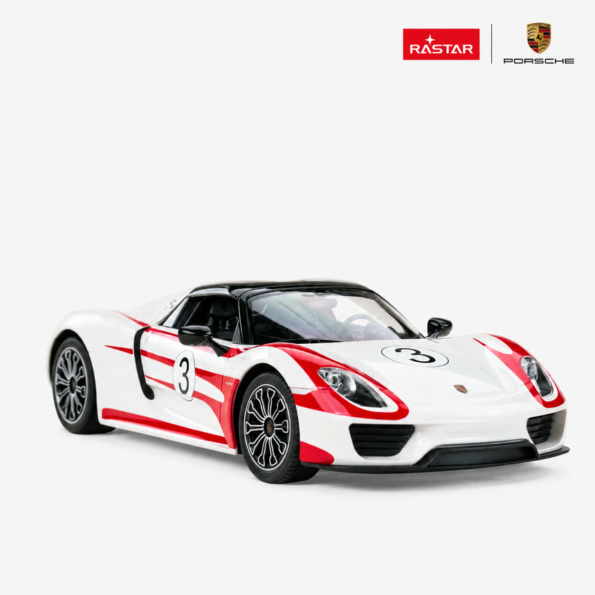 Rastar Porsche 918 Spyder Performance 1:14 RC car in white and red number 3 livery, front 3/4 view on a light background showing the sculpted bonnet and headlight clusters, with Rastar and Porsche branding displayed.