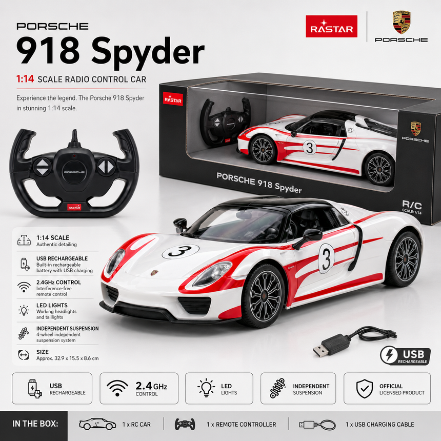 Rastar 1:14 Porsche 918 Spyder Performance RC car product specification card showing the white and red number 3 livery alongside its retail box and controller, with key features listed: 1:14 scale, USB rechargeable, 2.4GHz control, LED lights, independent suspension, and dimensions of 32.9 x 15.5 x 8.6 cm.
