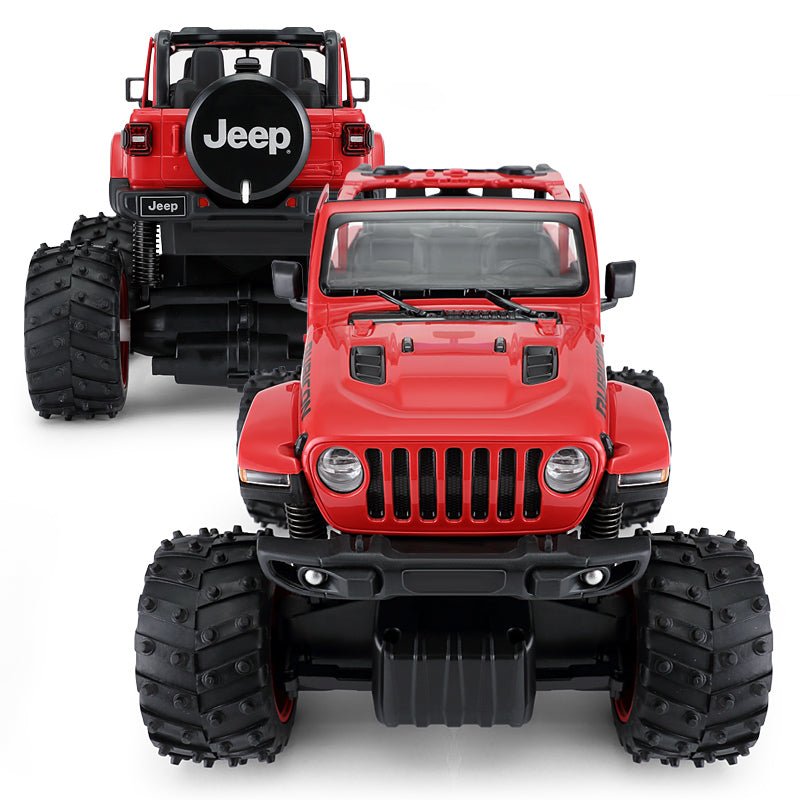 Rastar 1:14 Jeep Wrangler Rubicon Big Foot RC car in red showing front-on and rear views side by side, clearly displaying the seven-slot grille with headlights at the front and the Jeep spare tyre cover with Jeep badging at the rear.