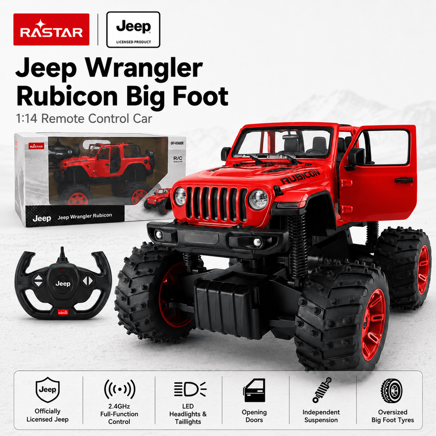 Rastar 1:14 Jeep Wrangler Rubicon Big Foot RC car product overview image showing the red model with retail box and Jeep-branded steering-wheel remote controller, with feature icons listing: officially licensed Jeep, 2.4GHz full-function control, LED headlights and taillights, opening doors, independent suspension, and oversized bigfoot tyres.