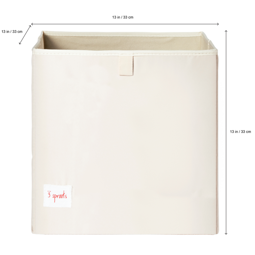 Beige storage bin with dimensions labeled on a white background