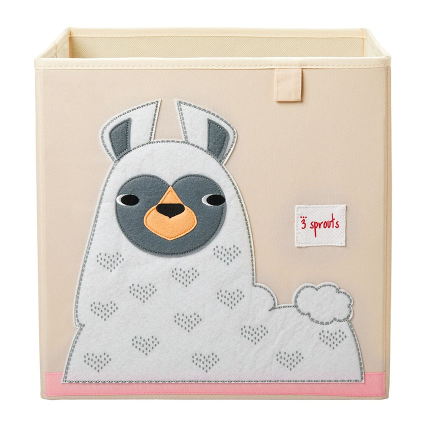 Storage box with a llama design and '3 sprouts' label on a beige background