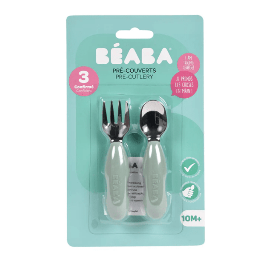 Beaba Fork & Spoon Stainless Steel Pre-Cutlery - Sage Green