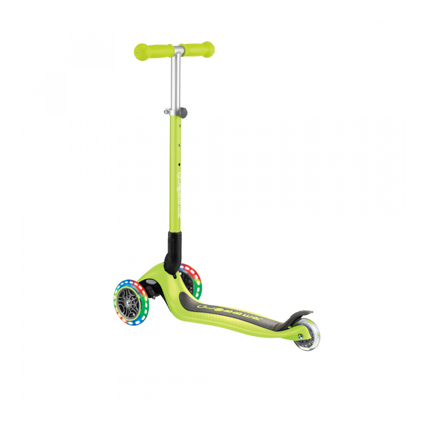 Globber Primo Foldable Scooter with Light and Anodized Tbar - Lime Green/Khaki Green