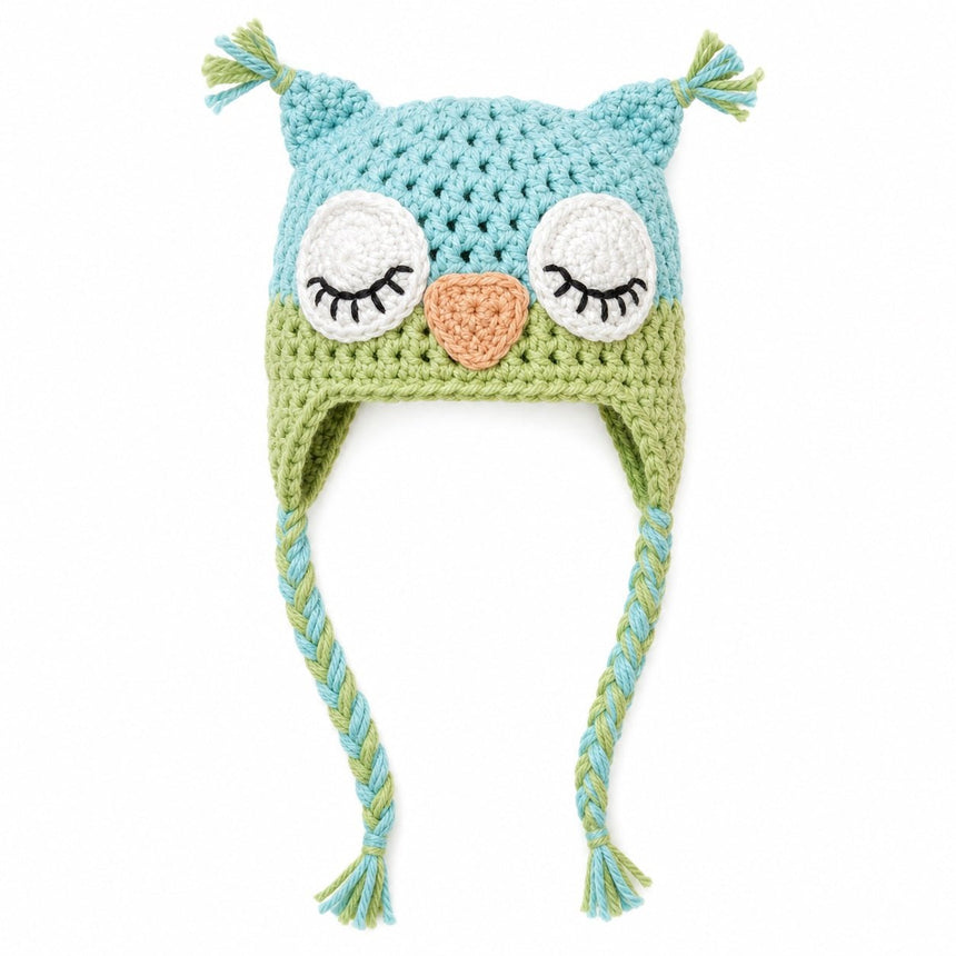 Light blue and light green crochet owl beanie hat for babies, toddlers and kids