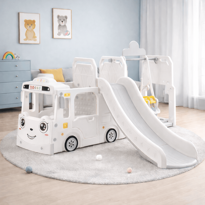 ALL 4 KIDS Lucas Baby Slider and Swing Play Center with Bus - White