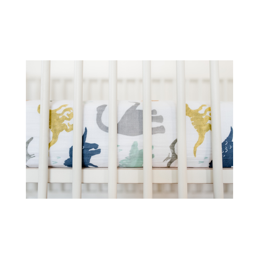 Little Unicorn Muslin Fitted Cot Sheet - Animals - Dino Friends