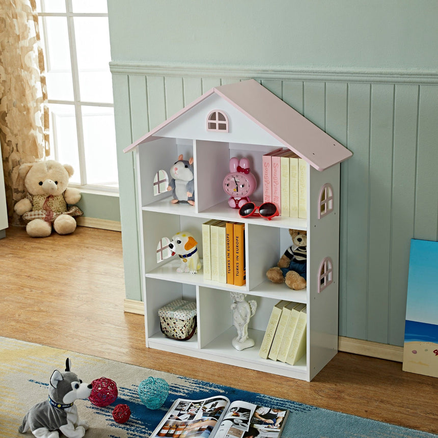 Veronica pink roof dollhouse bookcase shown in a playroom with open storage shelves