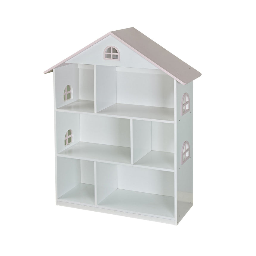 White background product image of the Veronica pink roof dollhouse bookcase