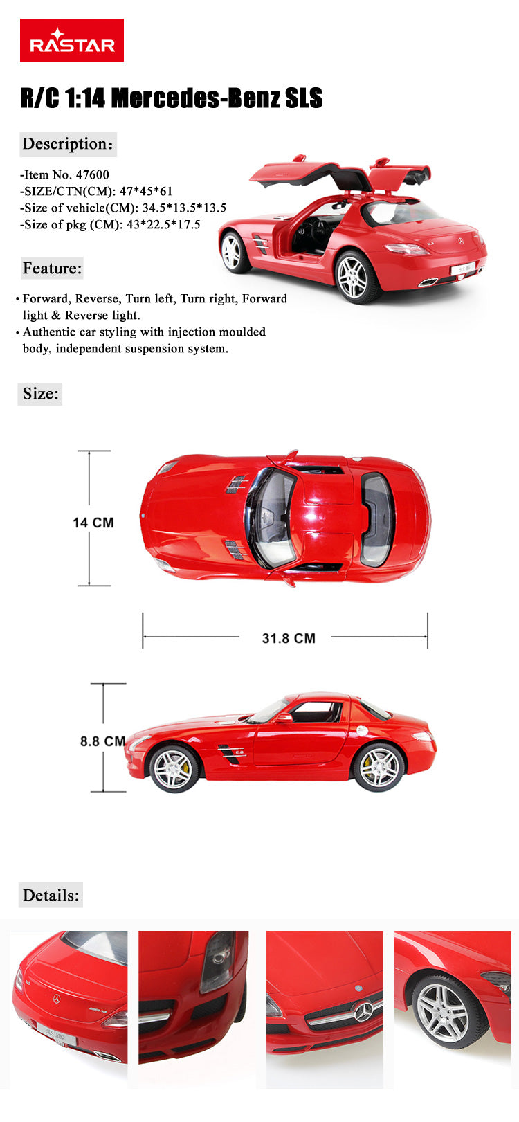 Rastar Licensed 1:14 Radio Control Car - Mercedes-Benz SLS AMG