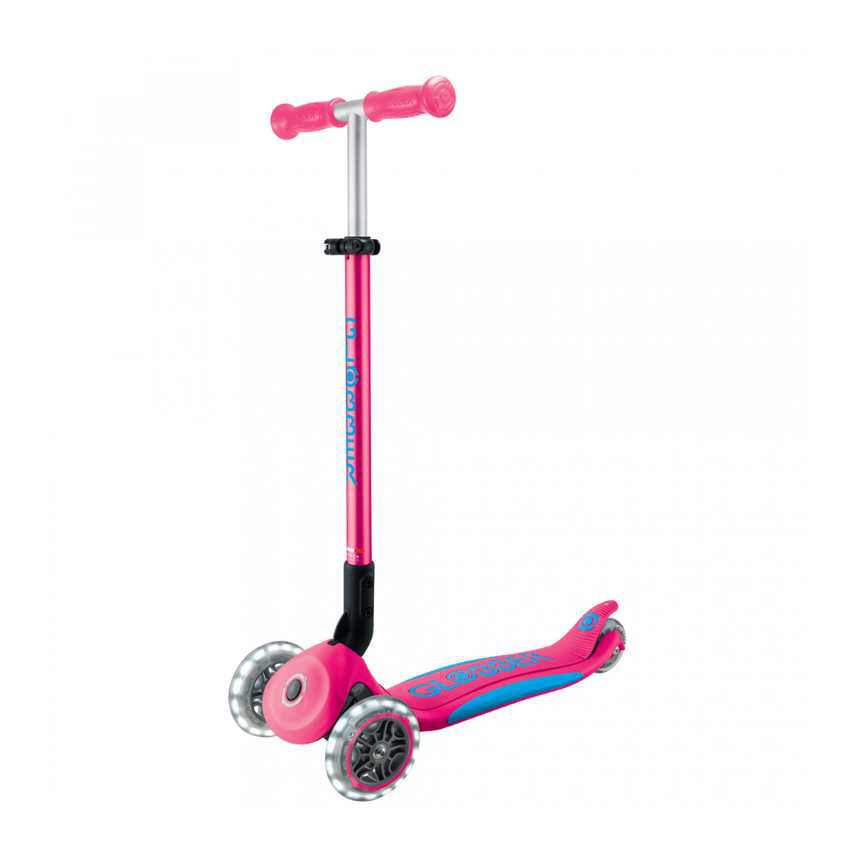 Globber Primo FOLD PLUS LIGHTS Scooter - Fuchsia Pink / Sky Blue