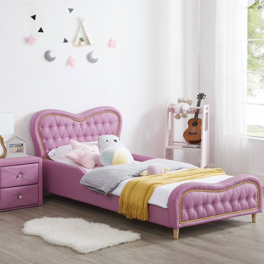 ALL 4 KIDS Brooklyn Heart PU Leather Single Upholstered Bed and Bedside Set- Pink