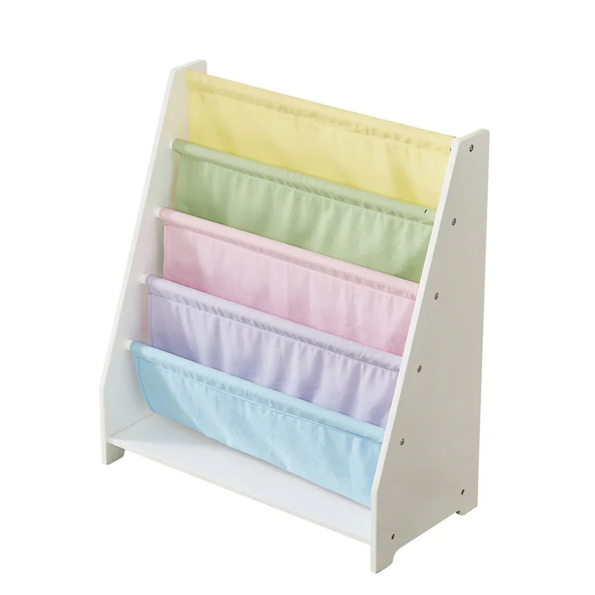 Charlie White kids canvas sling bookcase on a white background showing tiered pastel fabric pockets