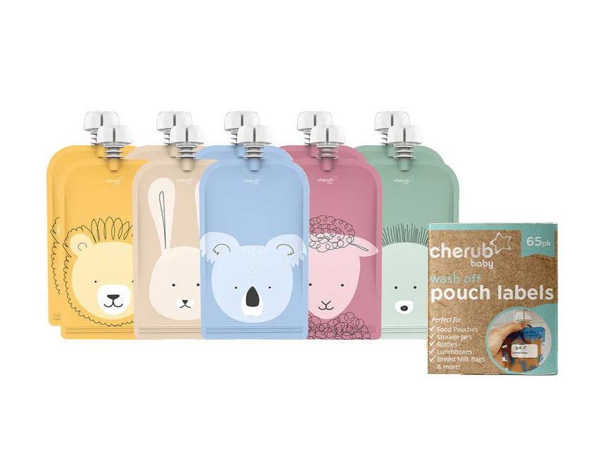 Cherub Baby On The Go Reusable Food Pouch150ml Animal 10pk