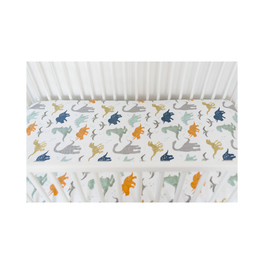 Little Unicorn Muslin Fitted Cot Sheet - Animals - Dino Friends