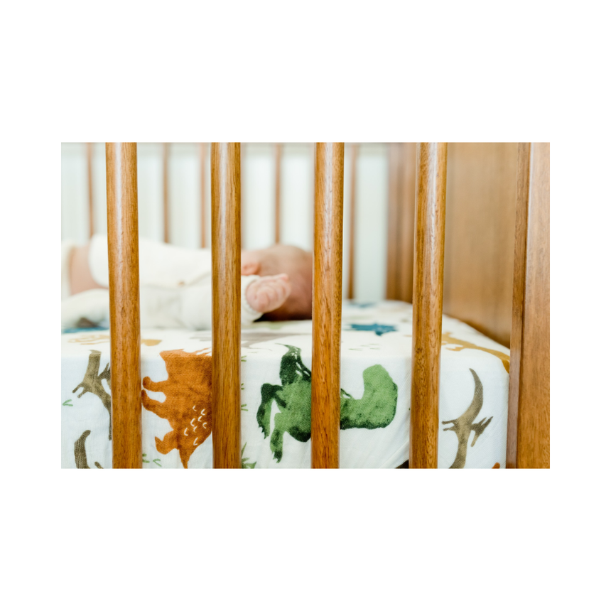 Little Unicorn Muslin Fitted Cot Sheet - Animals - Dino Friends