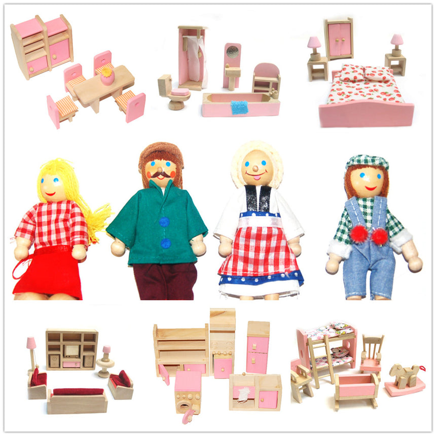 All 4 Kids Wooden Doll House Furniture Miniature 6 Rooms & 4 Dolls Set