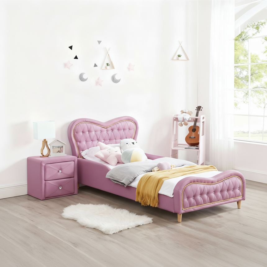 ALL 4 KIDS Brooklyn Heart PU Leather Single Upholstered Bed and Bedside Set- Pink