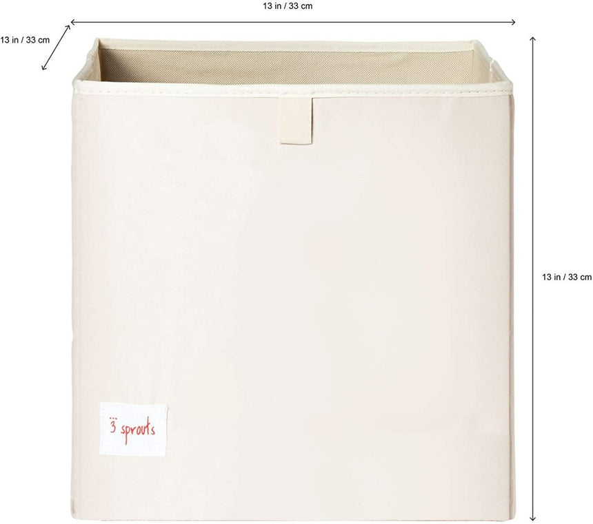 Beige fabric storage bin with dimensions and '3 Sprouts' label on a white background