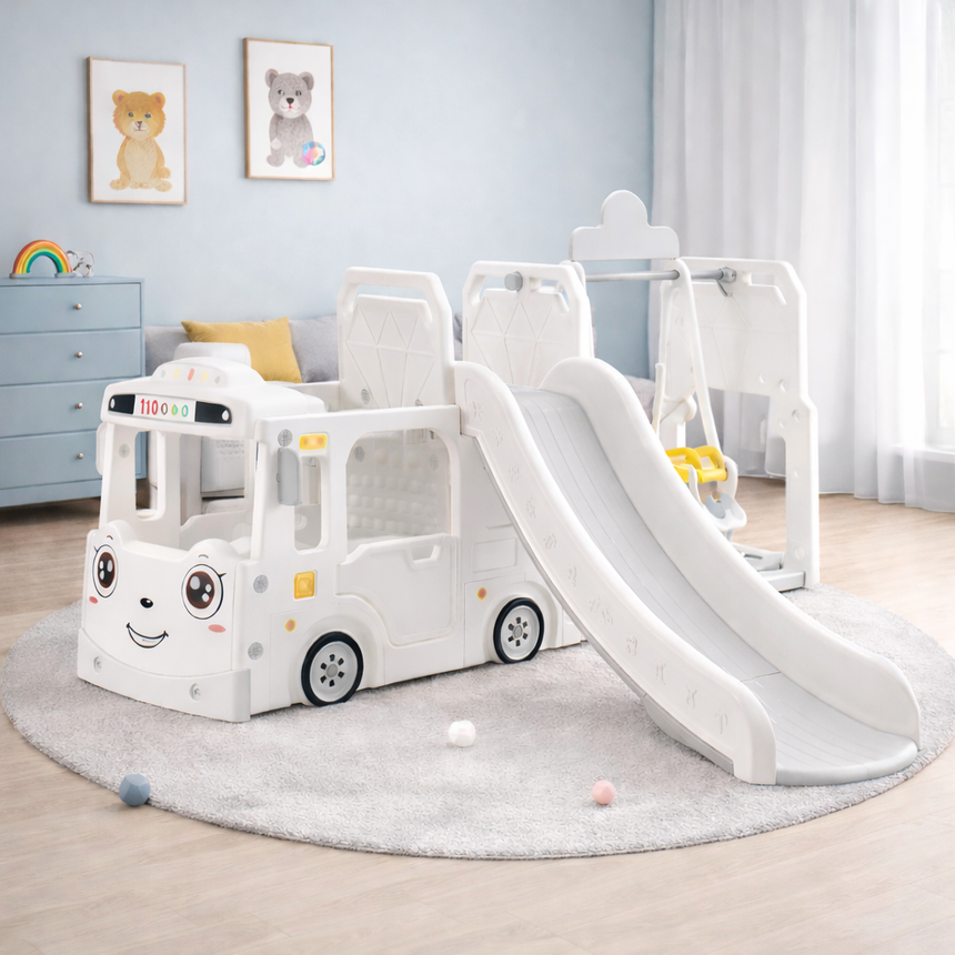 ALL 4 KIDS Lucas Baby Slider and Swing Play Center with Bus - White