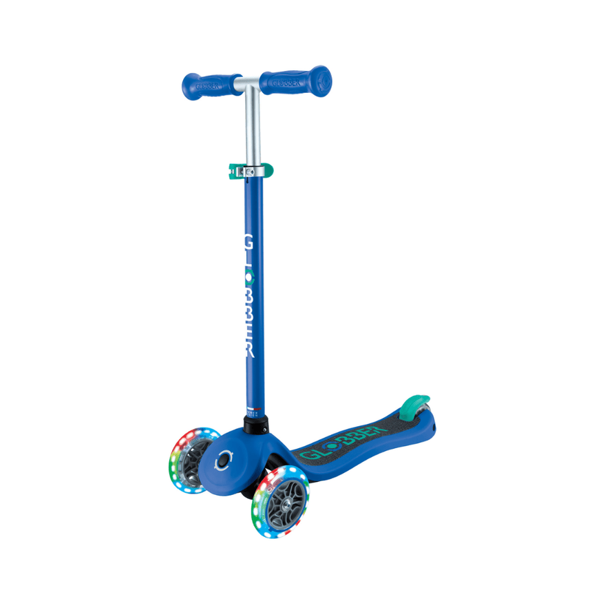 Globber Primo V2 Scooter with Lights and Griptape - Navy Blue/ Emerald Green