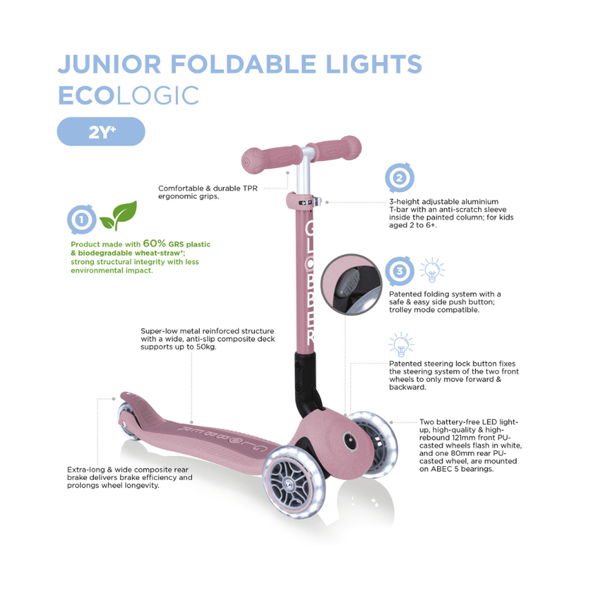 Globber ECOLOGIC JUNIOR Foldable Scooter with Lights - Blueberry