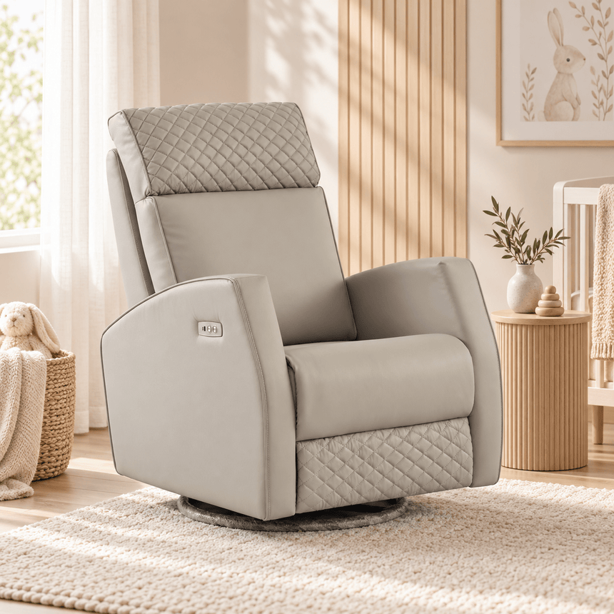 Marlo light grey nursery recliner chair upright in a nursery setting