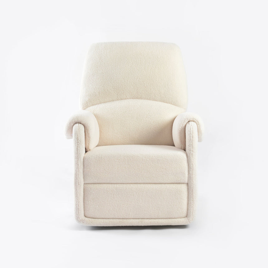 Ivory glider recliner side view showing the flared padded arm