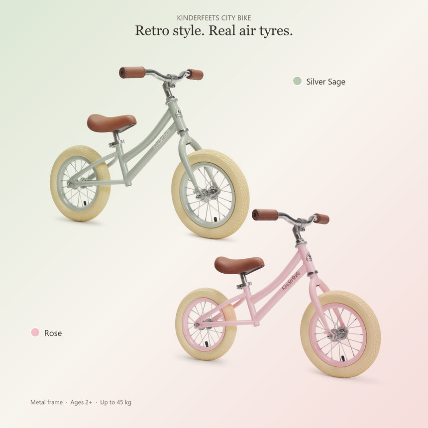 Kinderfeets City Bike in Silver Sage and Rose – retro metal balance bikes with cream air tyres and brown seats