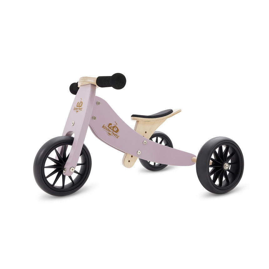 Kinderfeets Tiny Tot Lavender wooden trike with low step-through frame and black EVA wheels