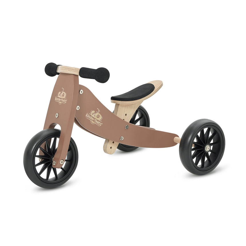 Kinderfeets Tiny Tot 2-in-1 trike in Mocha – warm brown wooden three-wheel toddler bike