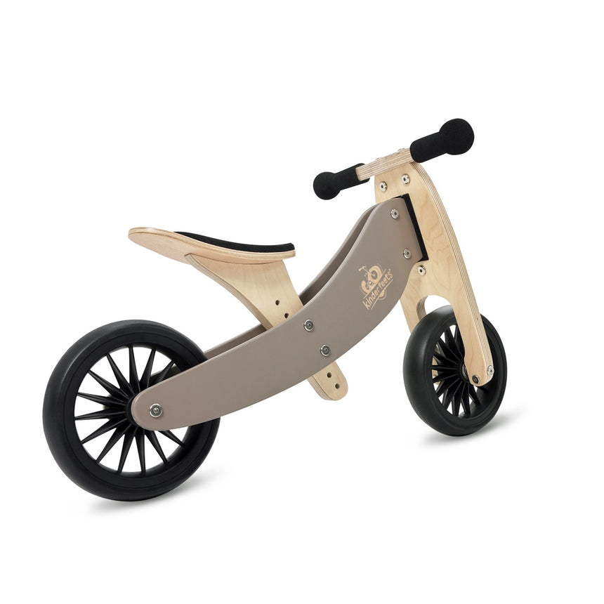 Kinderfeets Tiny Tot Plus Slate Grey wooden balance bike in two-wheel mode, side view