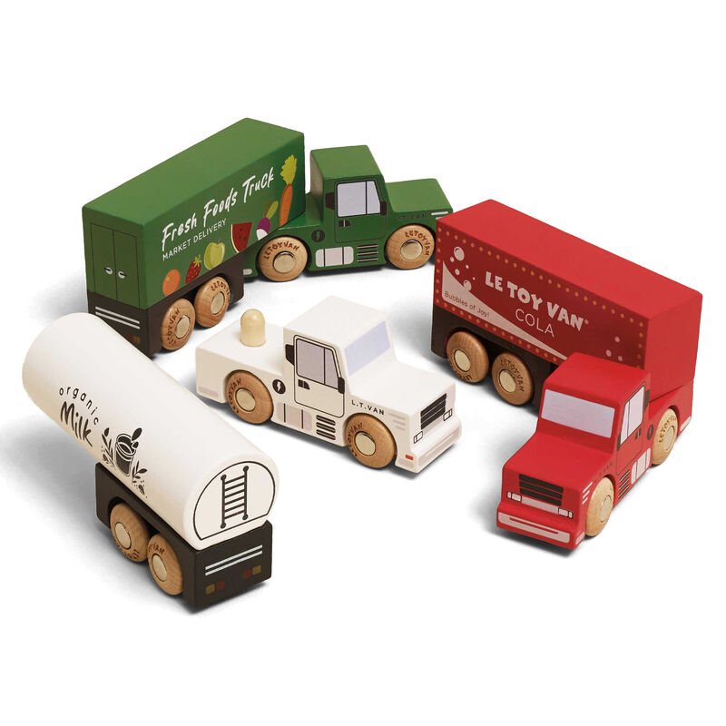 Le Toy Van Wooden Toy Trucks three FSC wood electric trucks with trailers – view 4