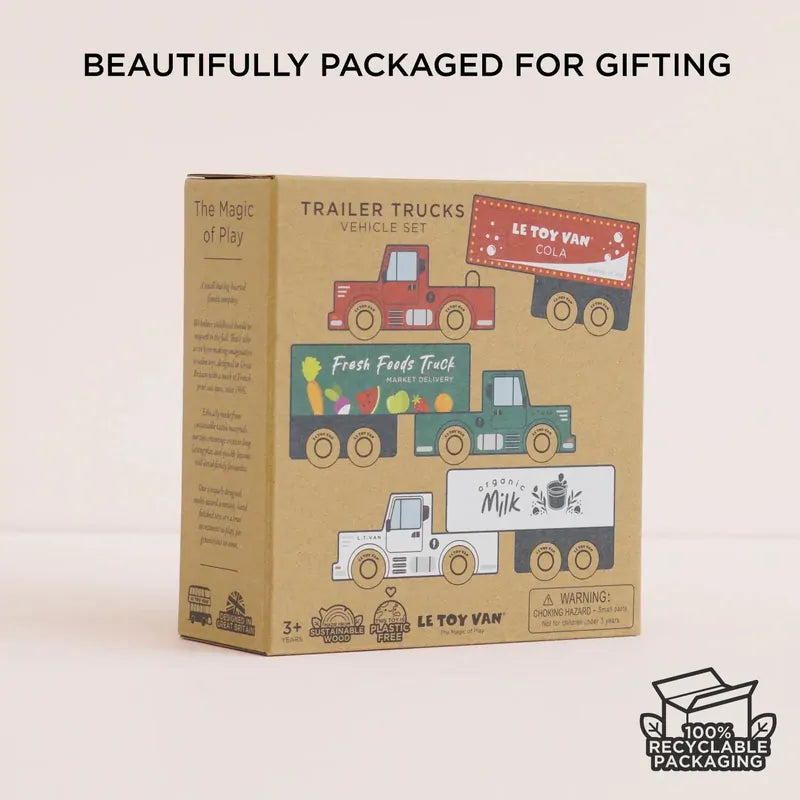 Le Toy Van Wooden Toy Trucks three FSC wood electric trucks with trailers – view 5