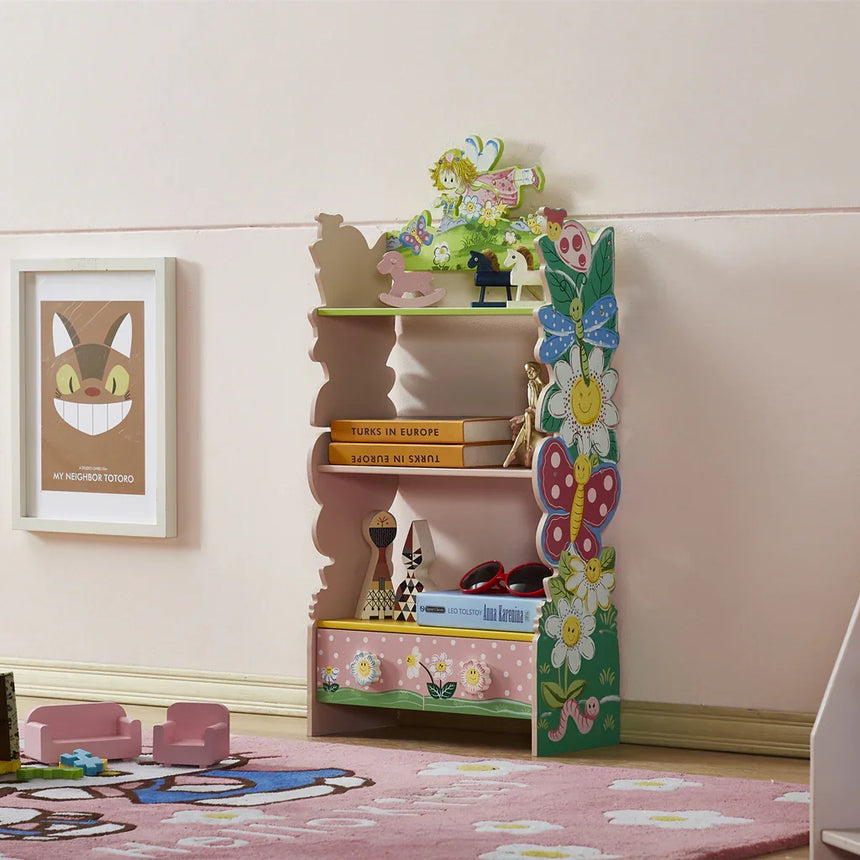 All 4 Kids Olivia fairy 3-tier flower bookcase with drawer front view