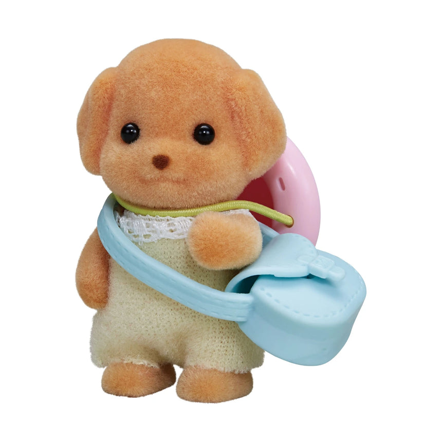 Sylvanian Families Toy Poodle Baby figure with blue bag accessory