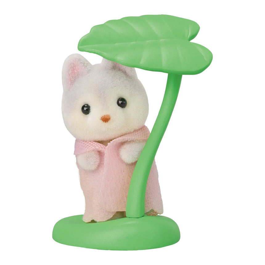 Close up of Sylvanian Families Baby Forest Costume Series marshmallow mouse baby with leaf raft